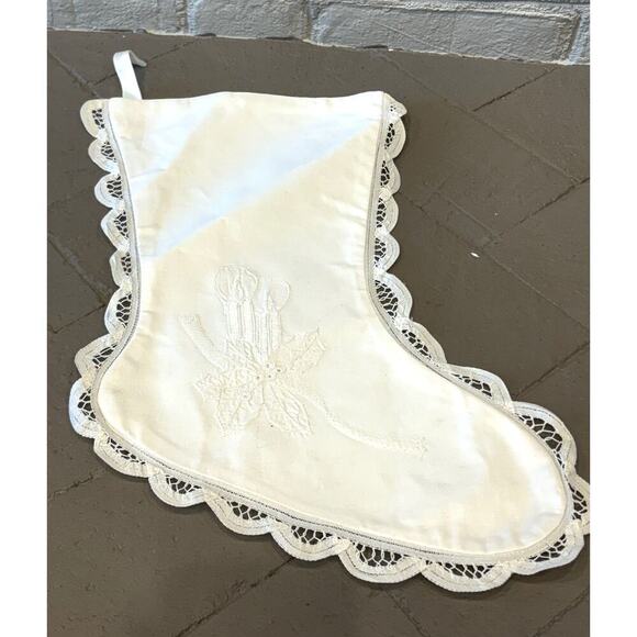 Christmas Battenberg Lace Stocking White Embroidered Victorian Old World Style - Picture 1 of 11